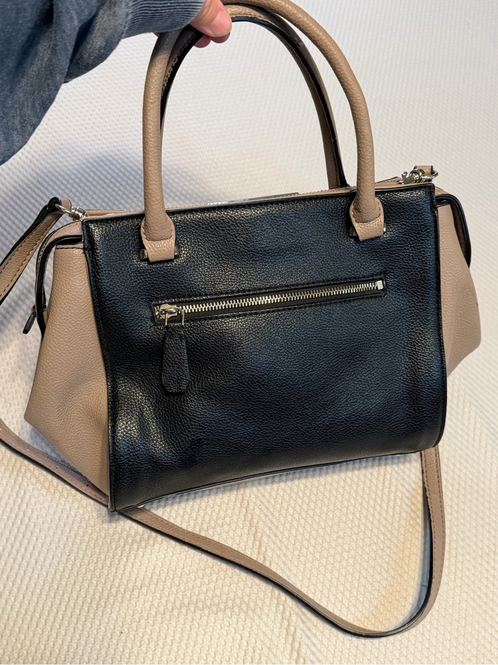 GUESS Ryann Satchel Colorblock Crossbody Handbag Beige Black Cream - Picture 13 of 16